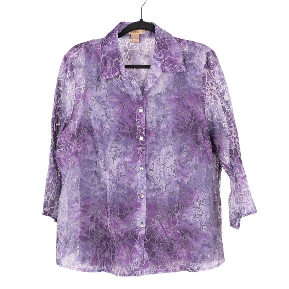 Y2K Sheer Blouse Tank Set XL Womens NEW Purple Floral Button Up Linen Blend - Picture 1 of 8